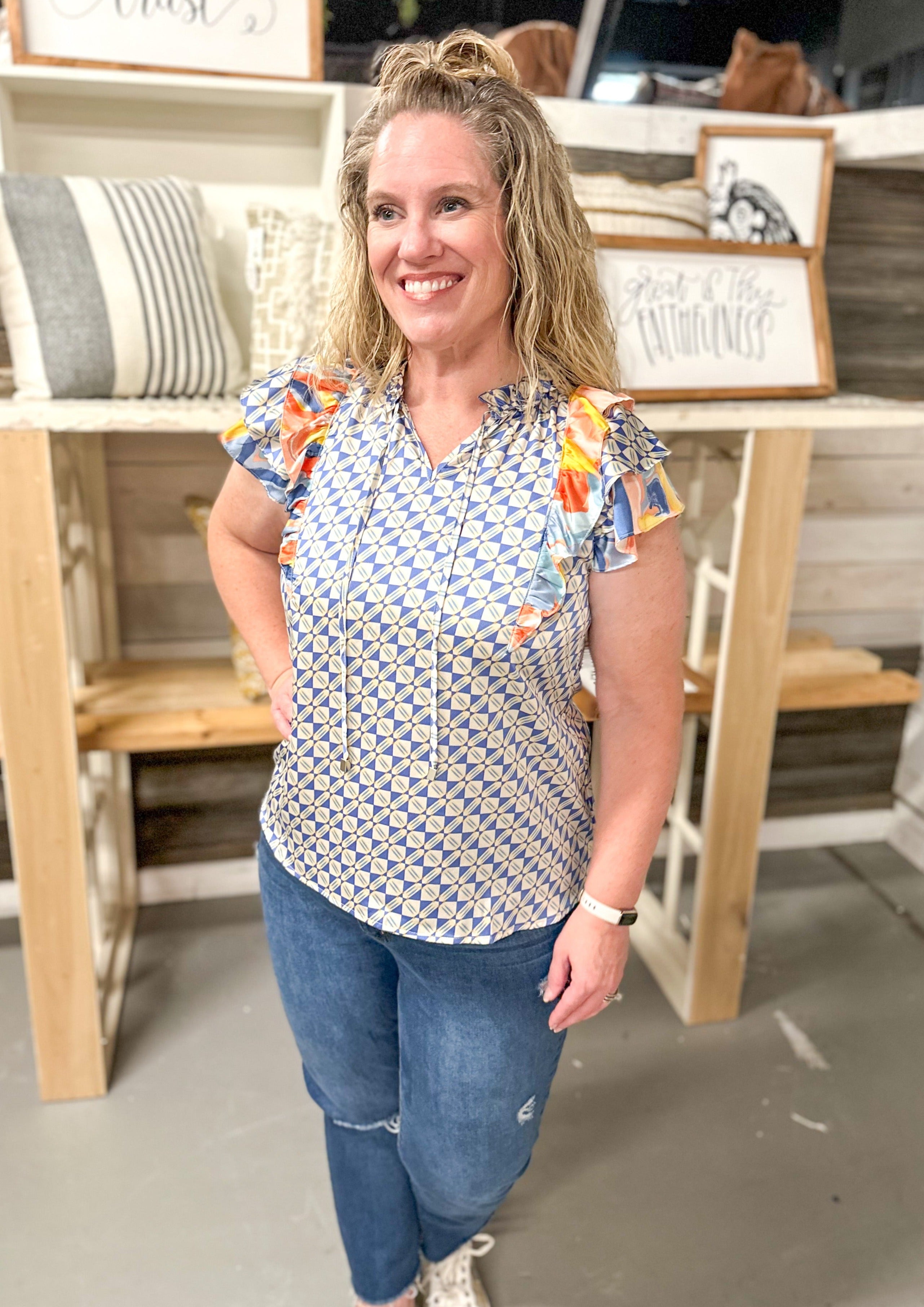 Mixed Pattern Ruffle Short Sleeve Top - Blue, yellow and orange, 3 tiered ruffle sleeve with mixed patterns, split ruffle neckline with ties