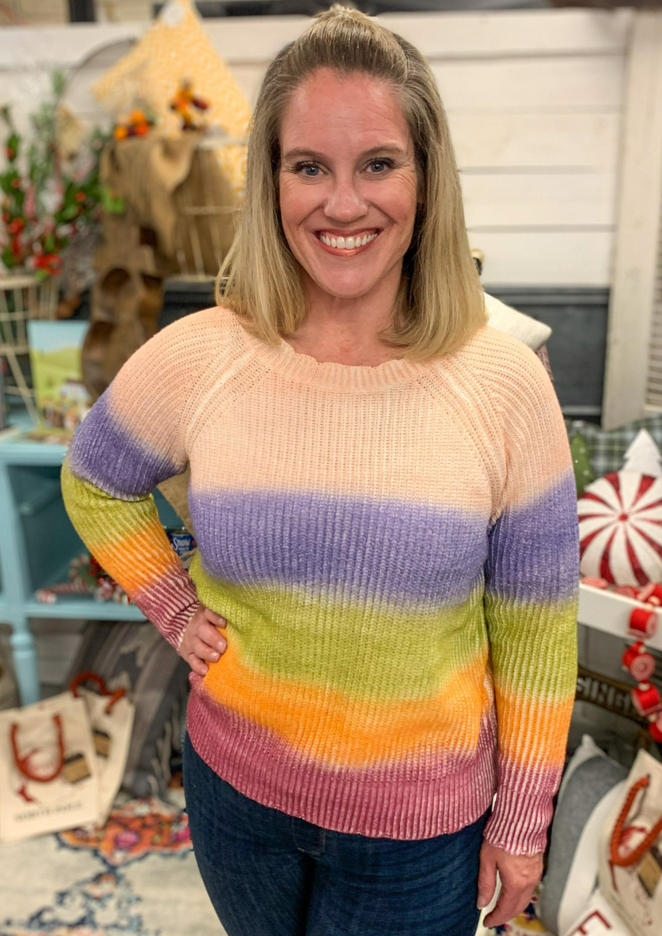 Tie Dye Color Blocked Sweater with a small weave. Colors from top to bottom are light pink, purple, green, orange, and maroon.