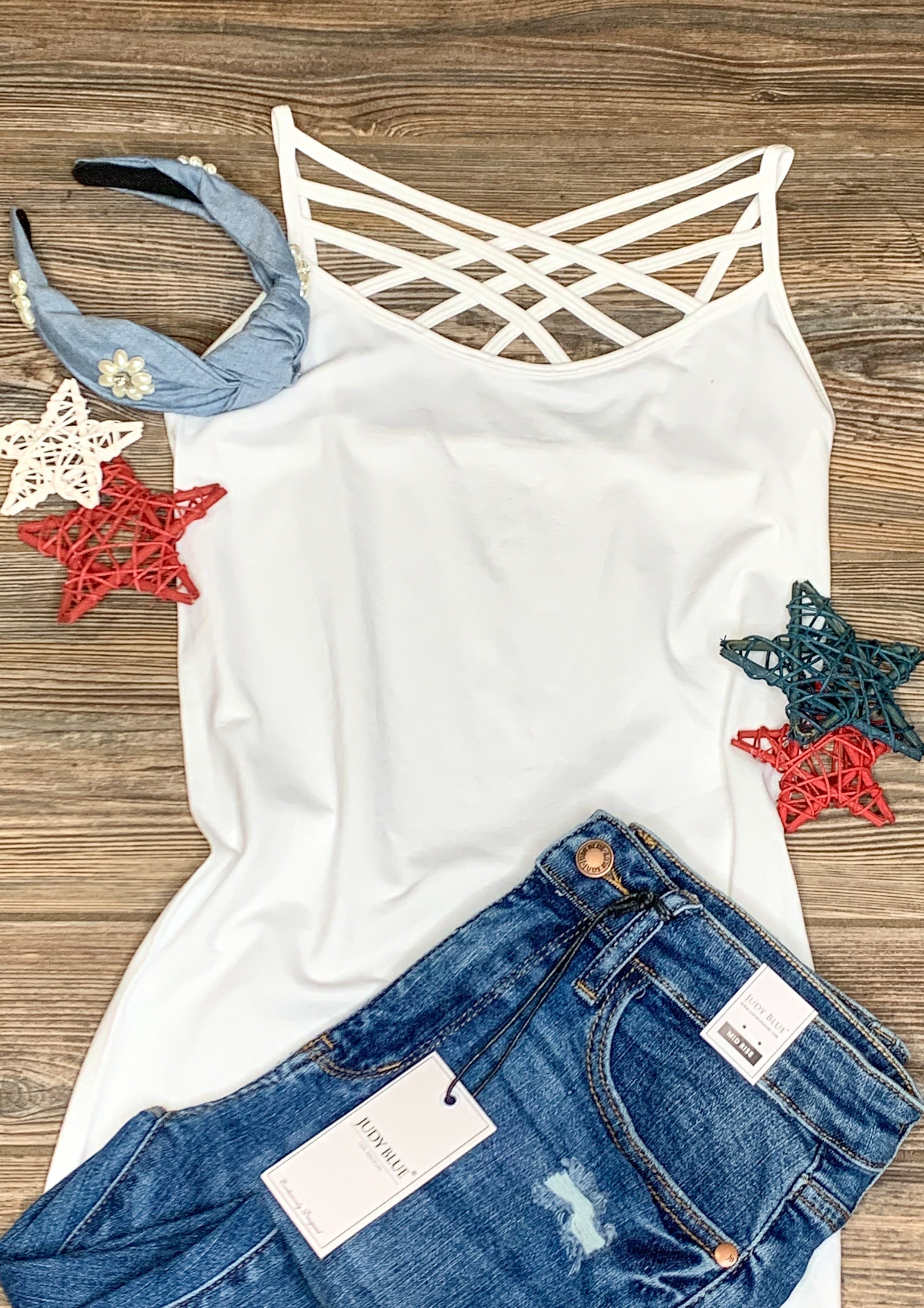 White cami with criss cross neck detail