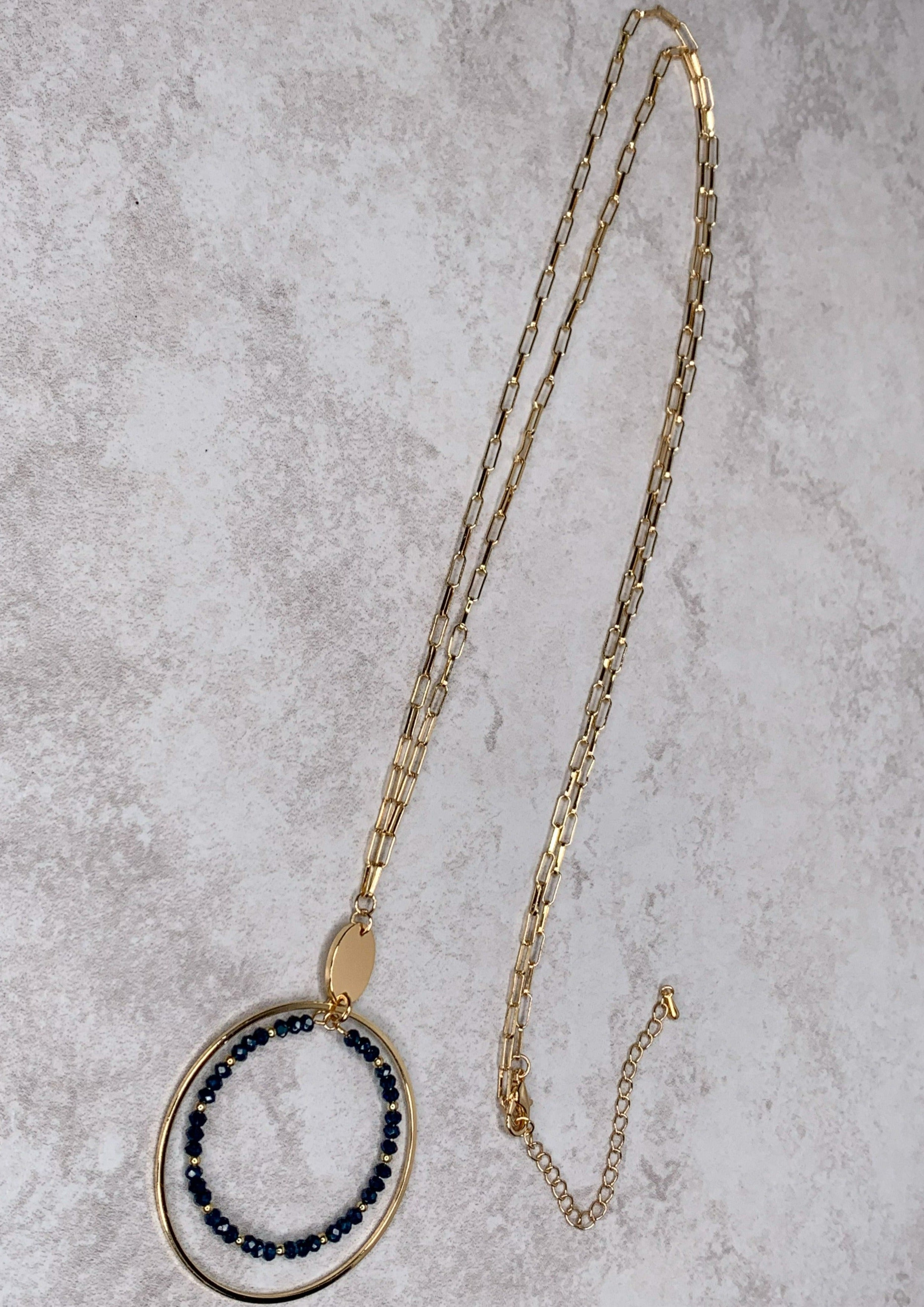 Gold Circle Necklace with Gold & Navy Beads