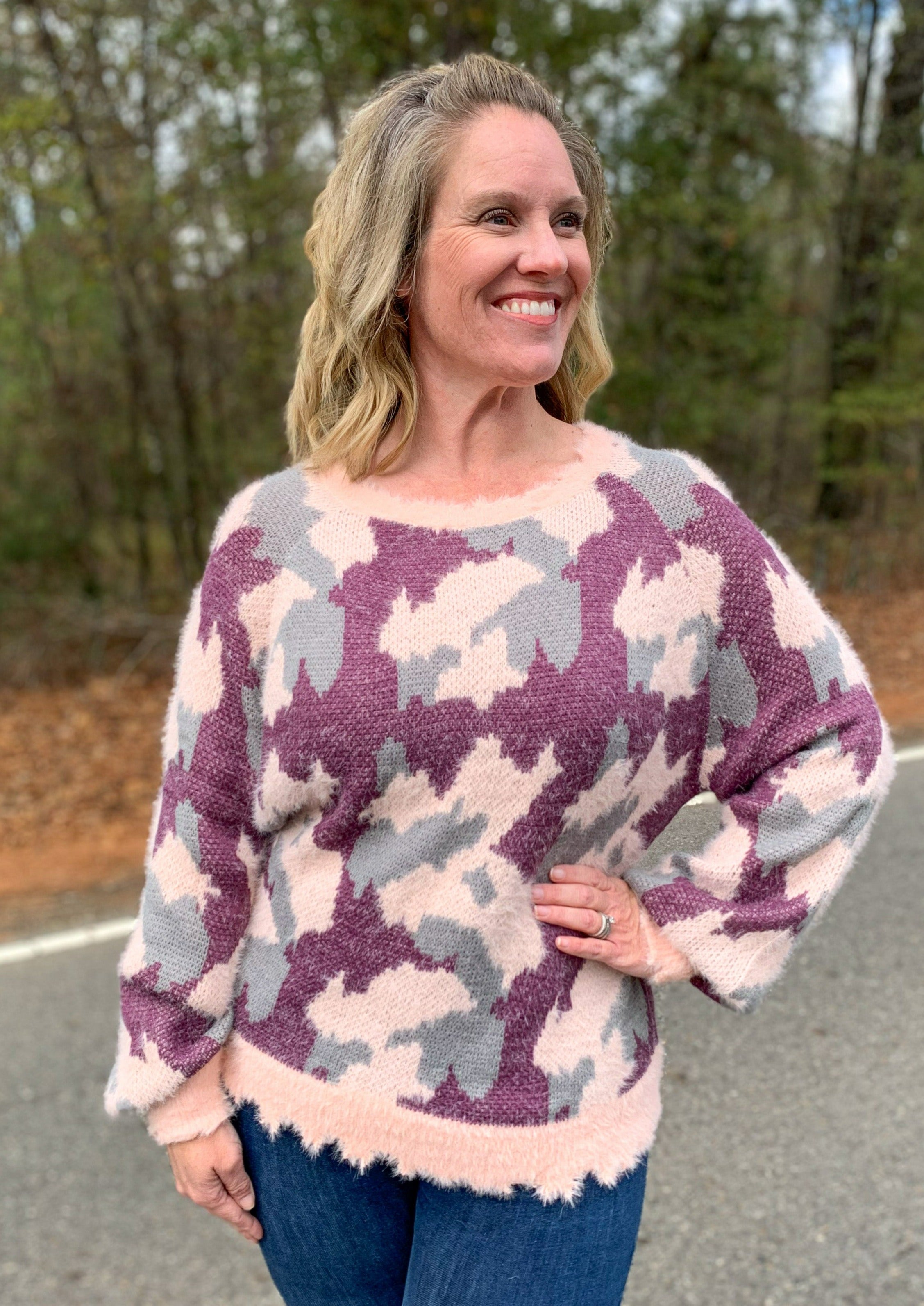Plum pink and grey mixed camo fuzzy knit sweater