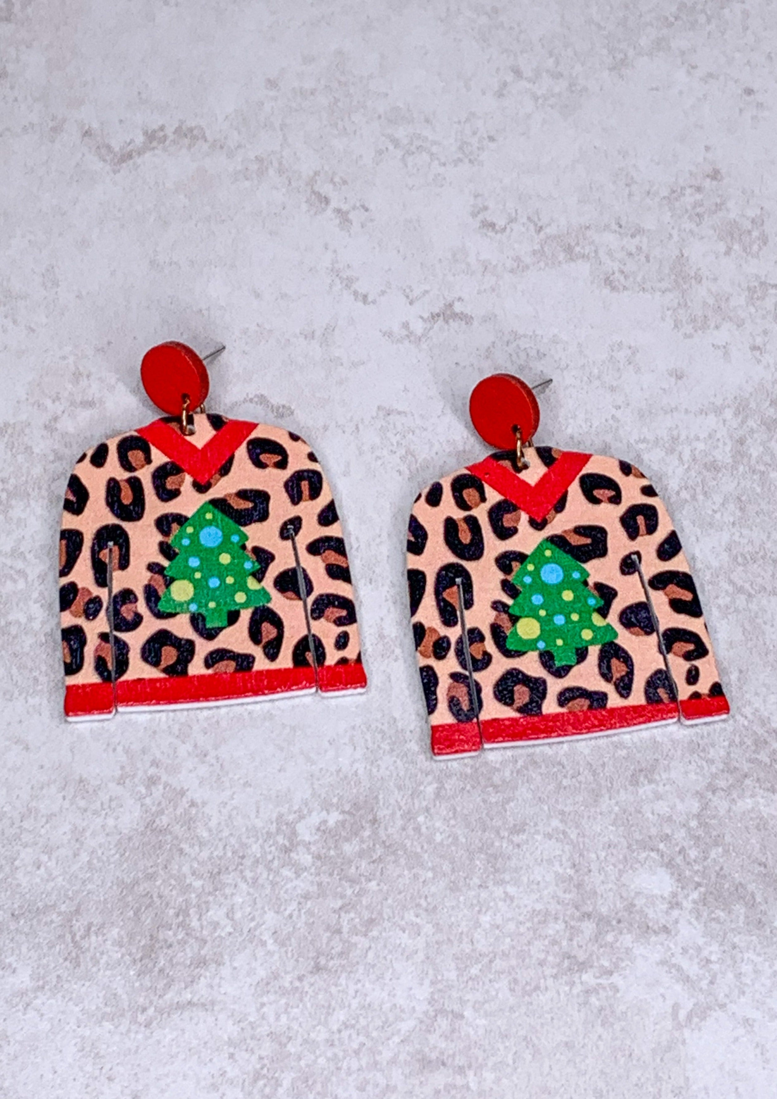 Leopard Print Sweater Wood Earrings - Brown