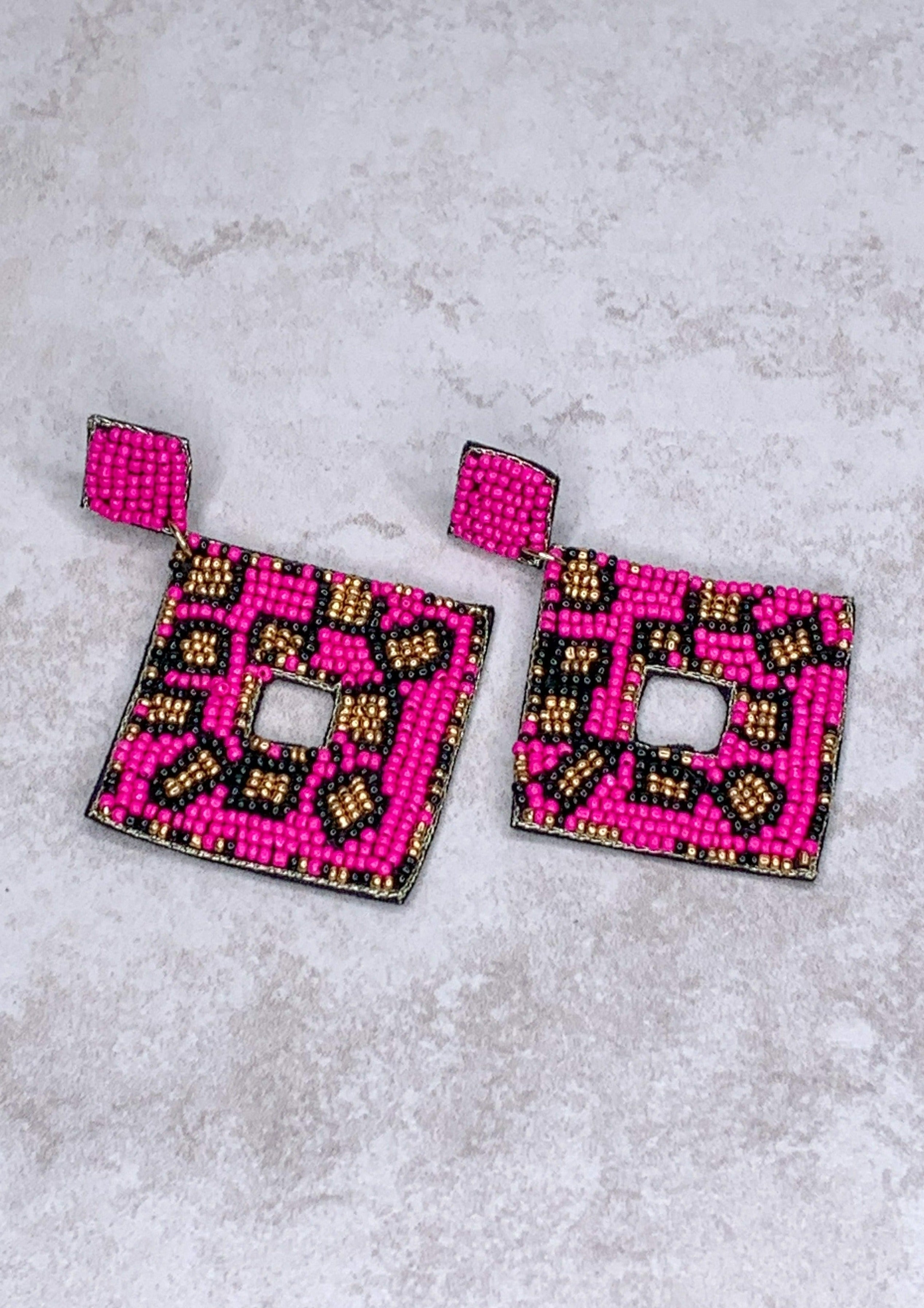 Hot Pink and Leopard Seed Bead Earrings
