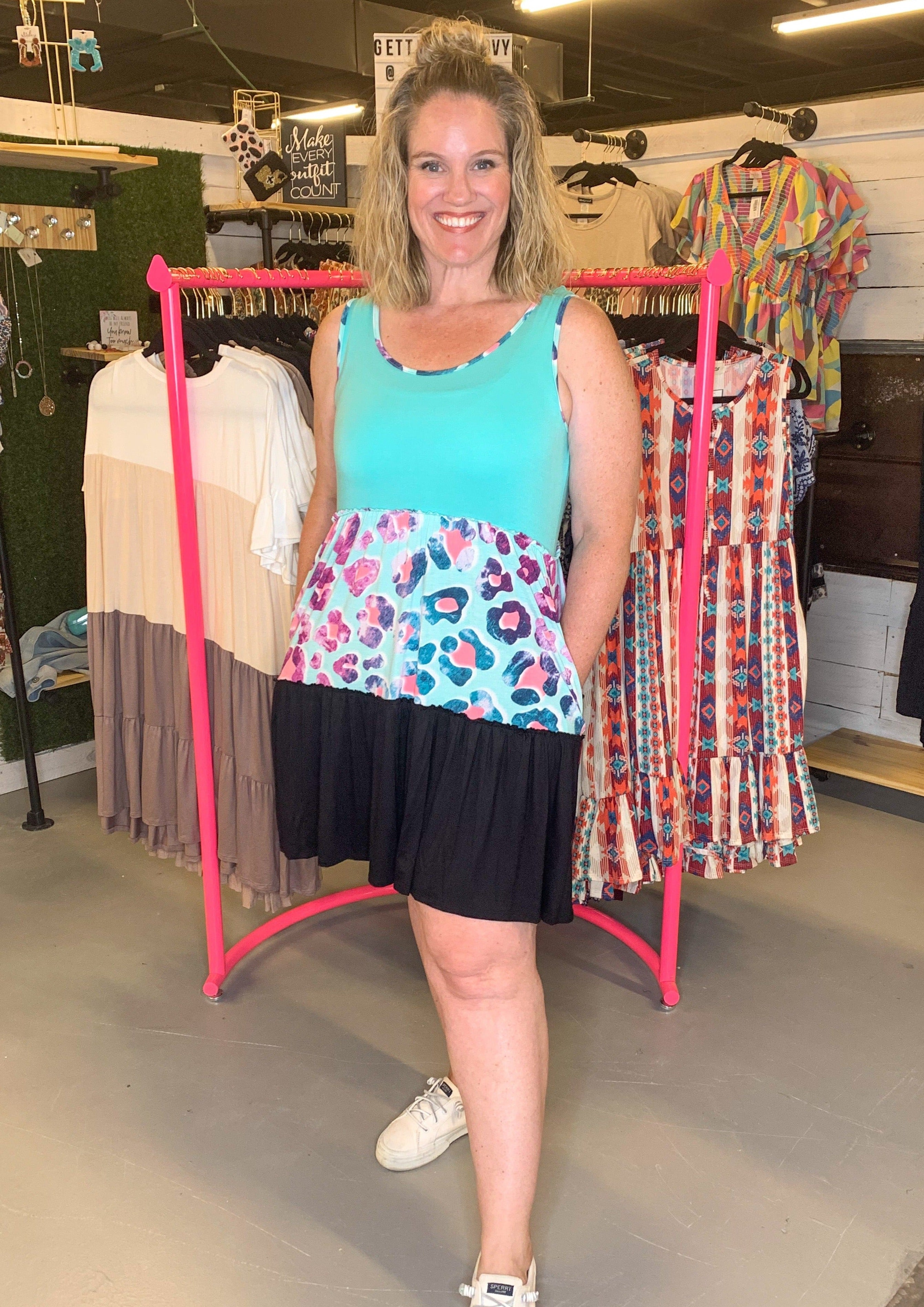 Teal color block dress with muti colored leopard print.