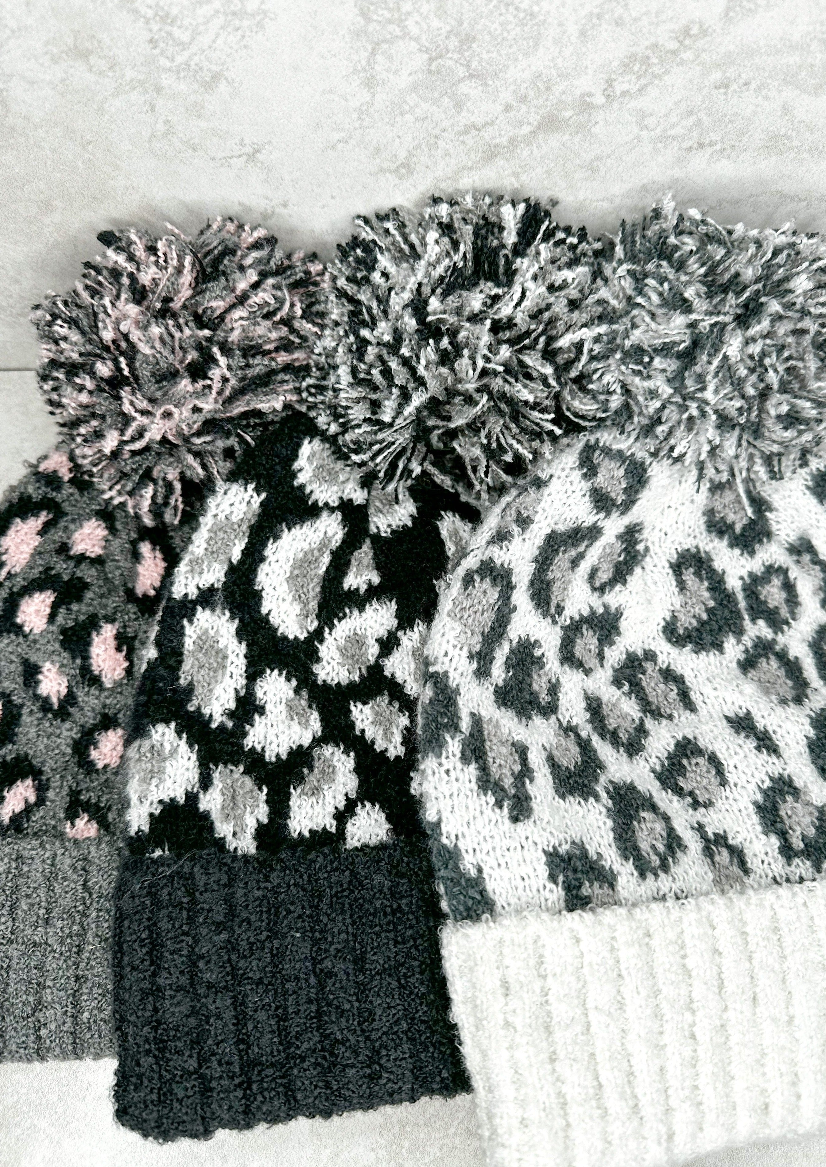 grey black and white leopard print beanies