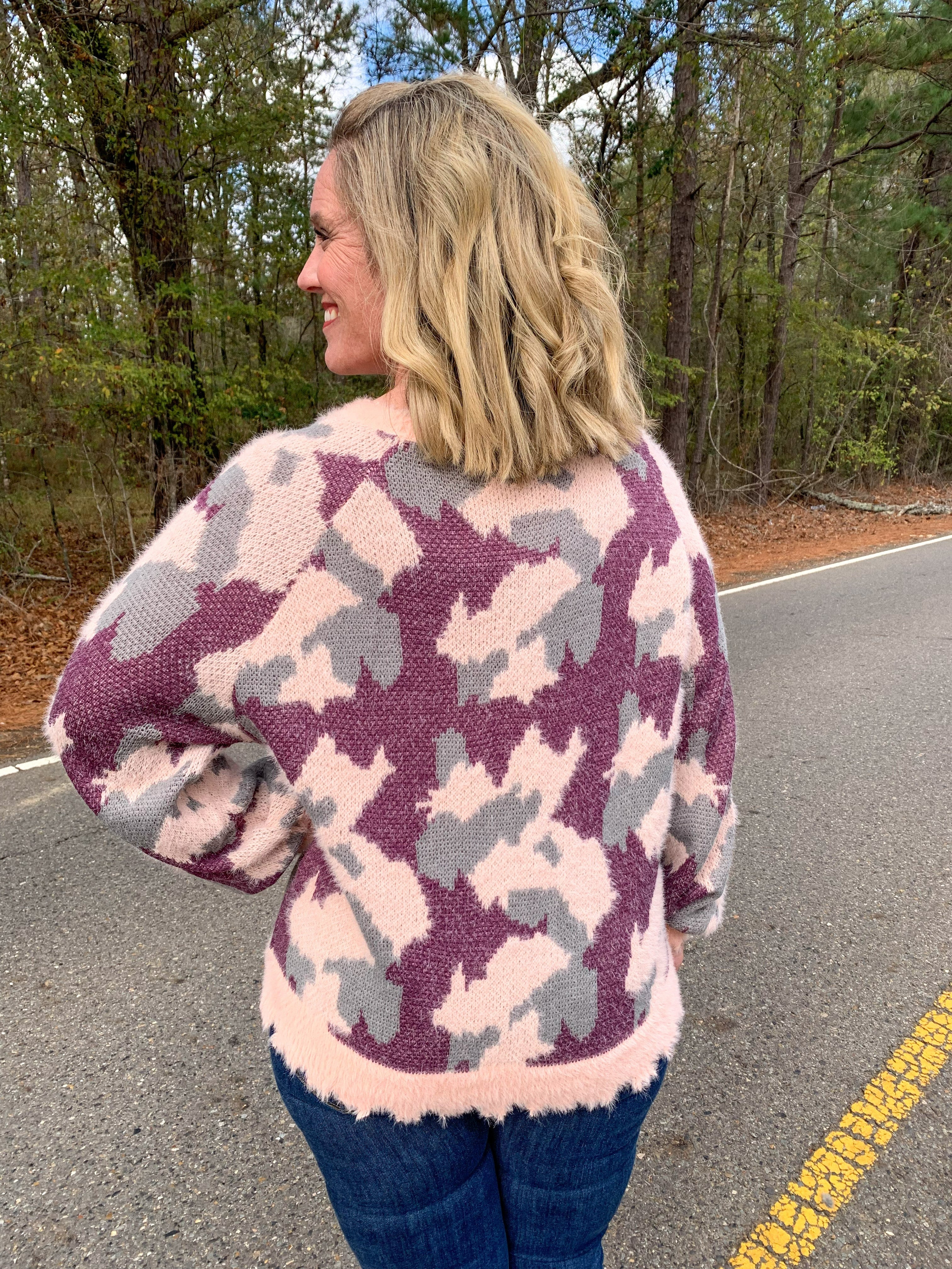 Plum pink and grey mixed camo fuzzy knit sweater