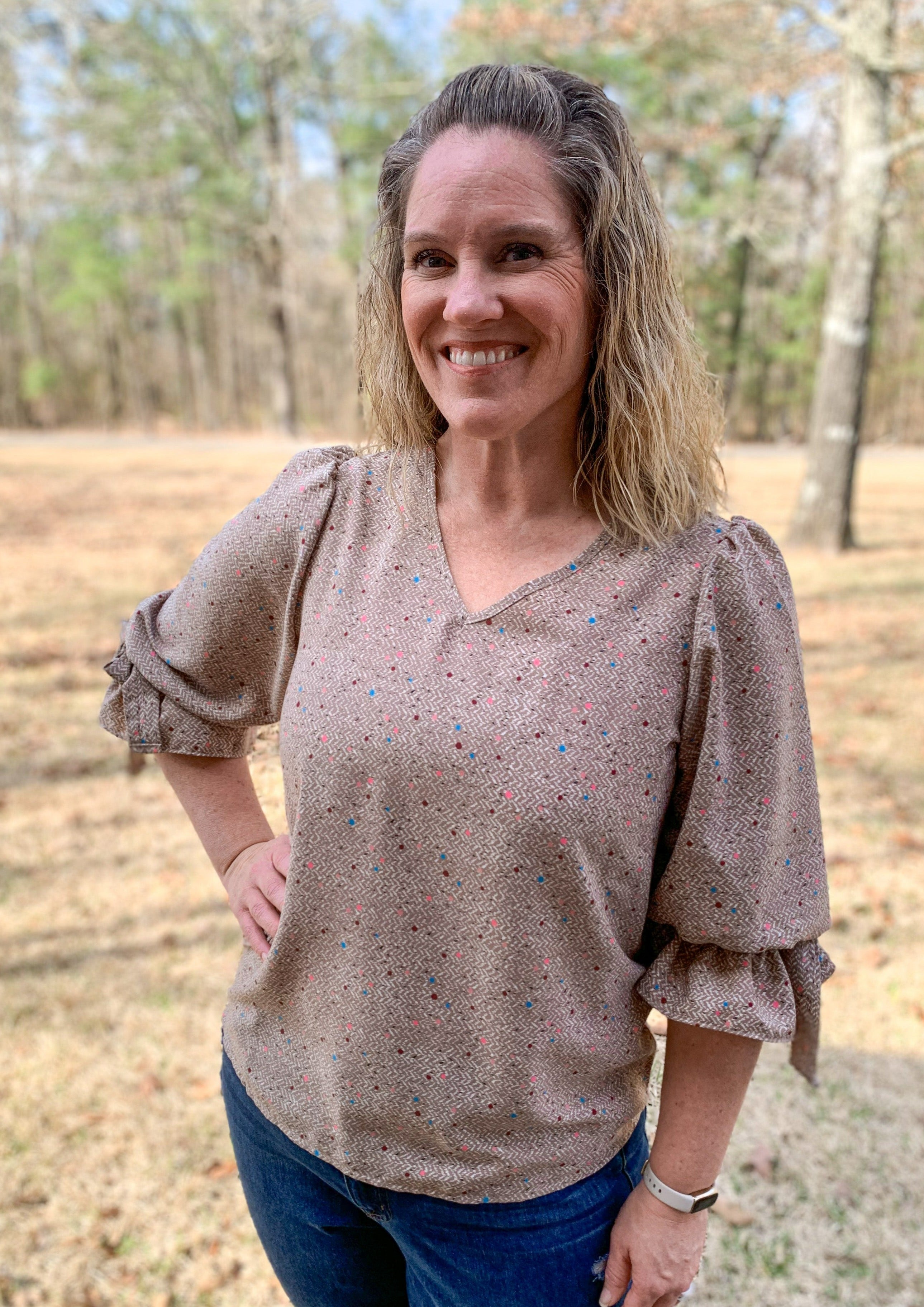 tie 3/4 sleeve taupe blouse with v neck