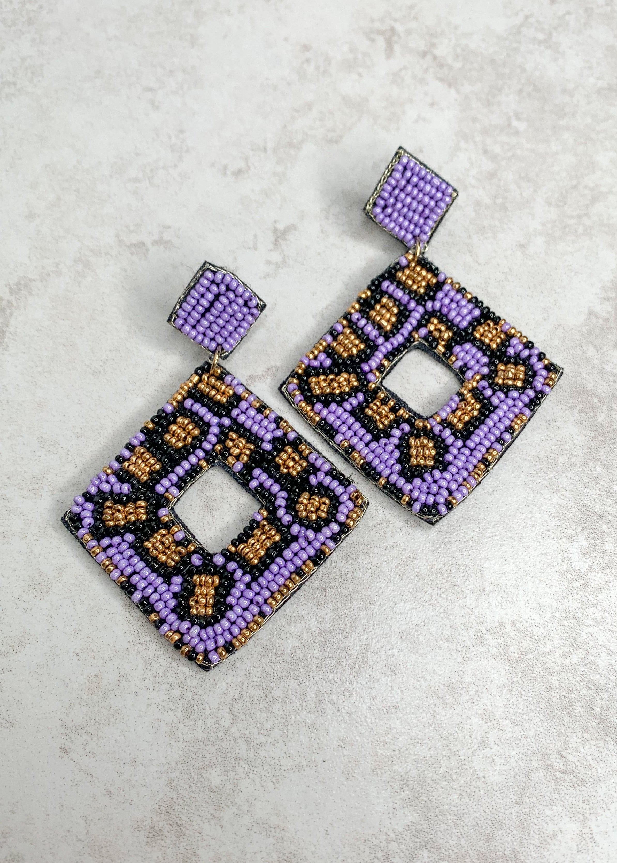 Purple and Leopard Seed Bead Earrings
