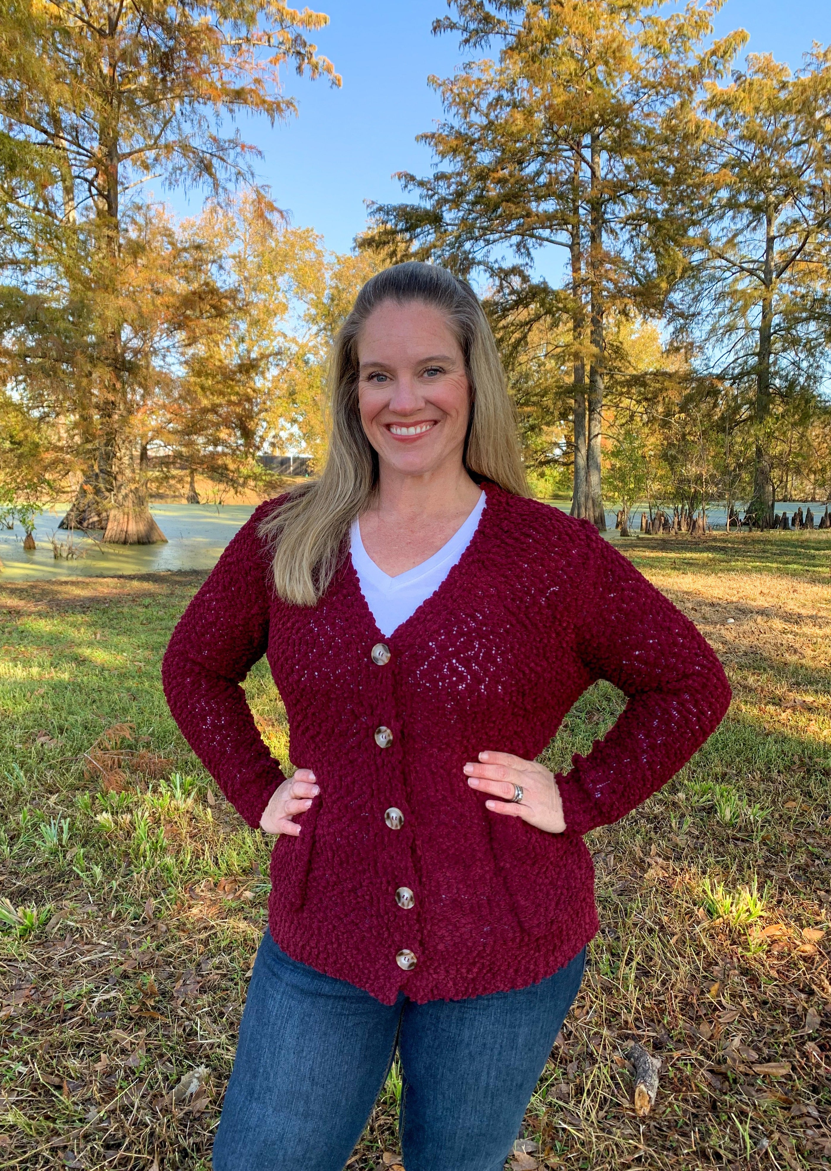 Burgundy Popcorn Cardigan with pockets. Five button front. Very soft and comfy. Front of cardigan.
