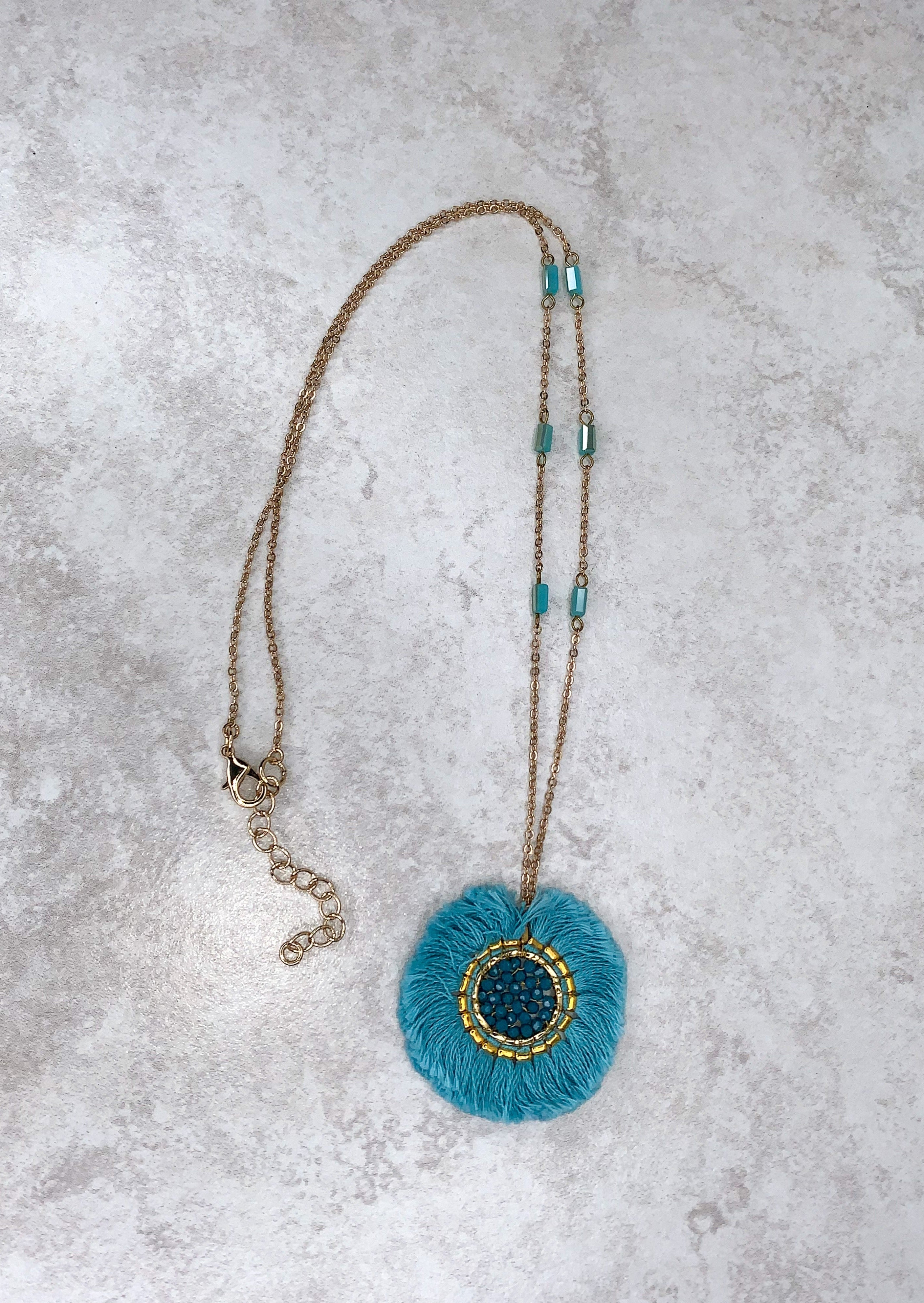 Blue and Gold Circle Fringe Necklace