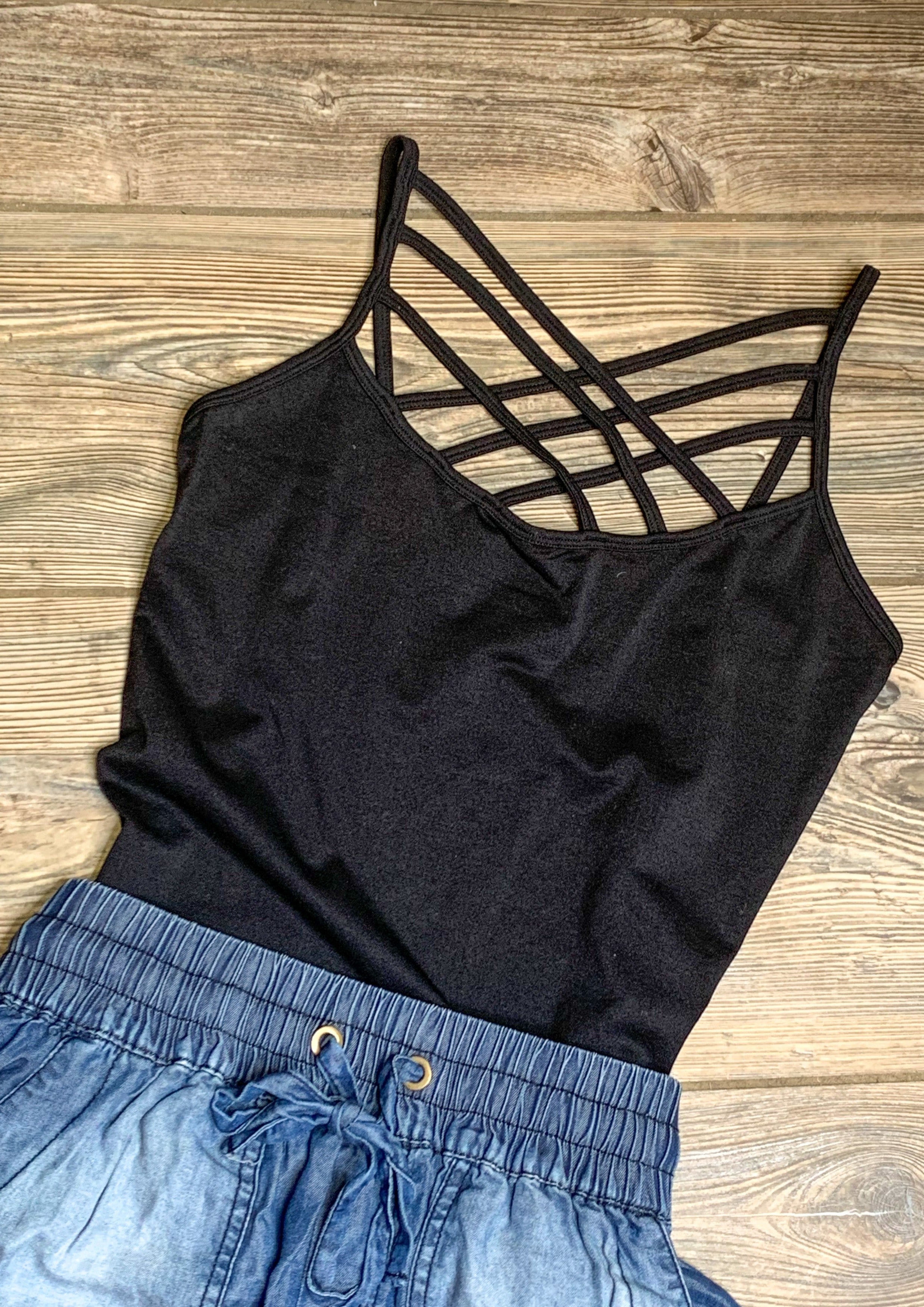 Black cami with cris cross neck detail