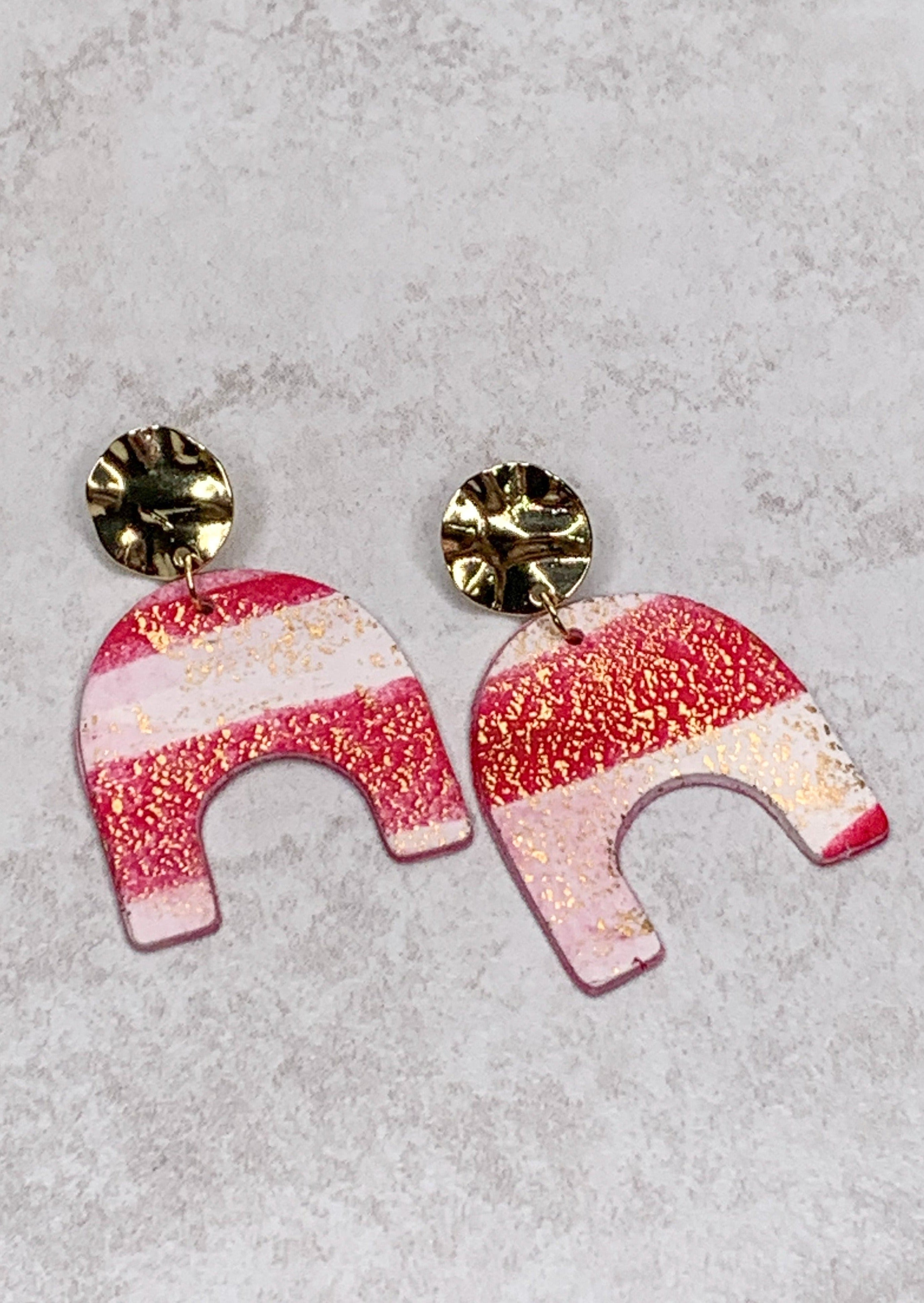 Striped Pink and Gold Polymer Clay "U" Earrings